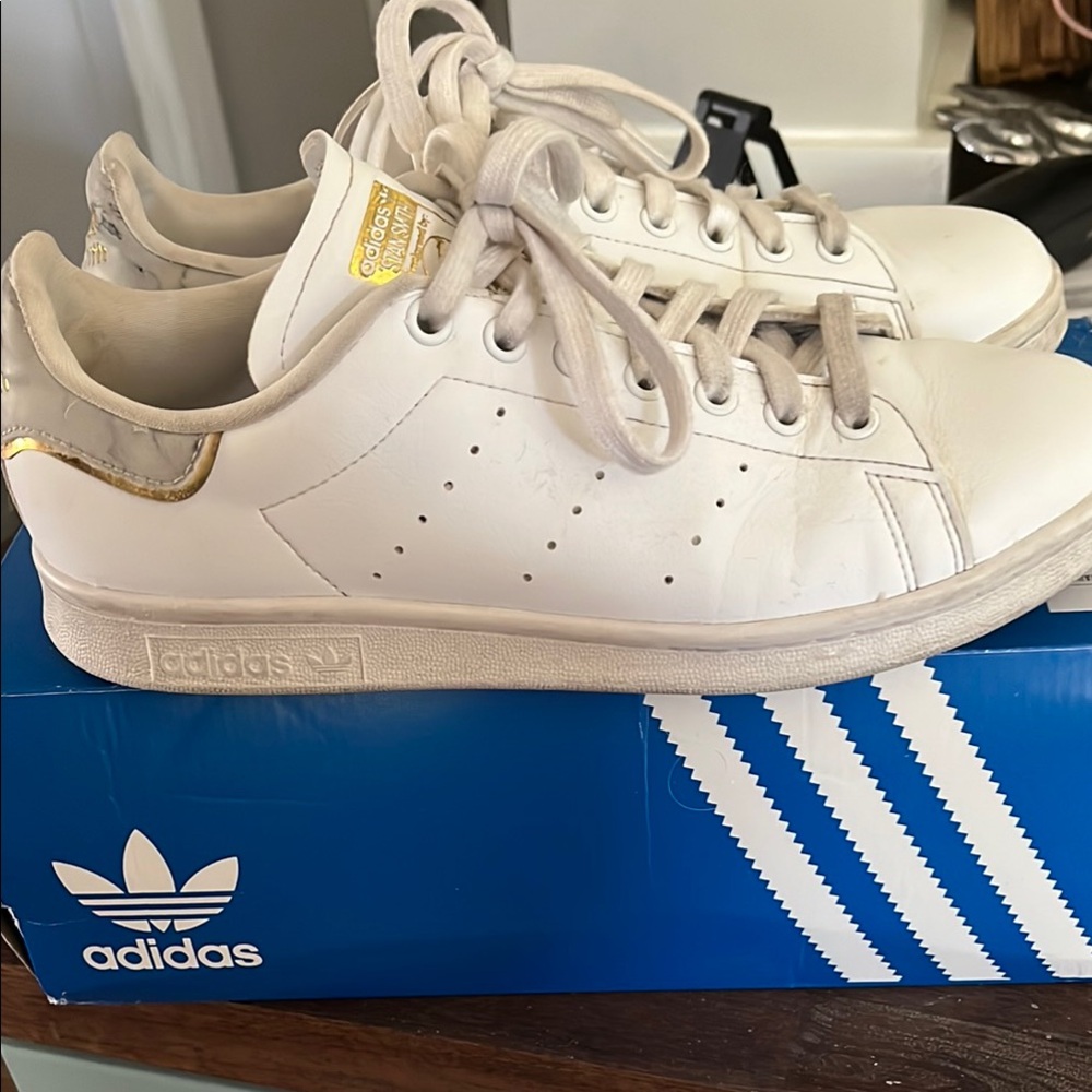 Adidas White Sneakers with Gold Accents